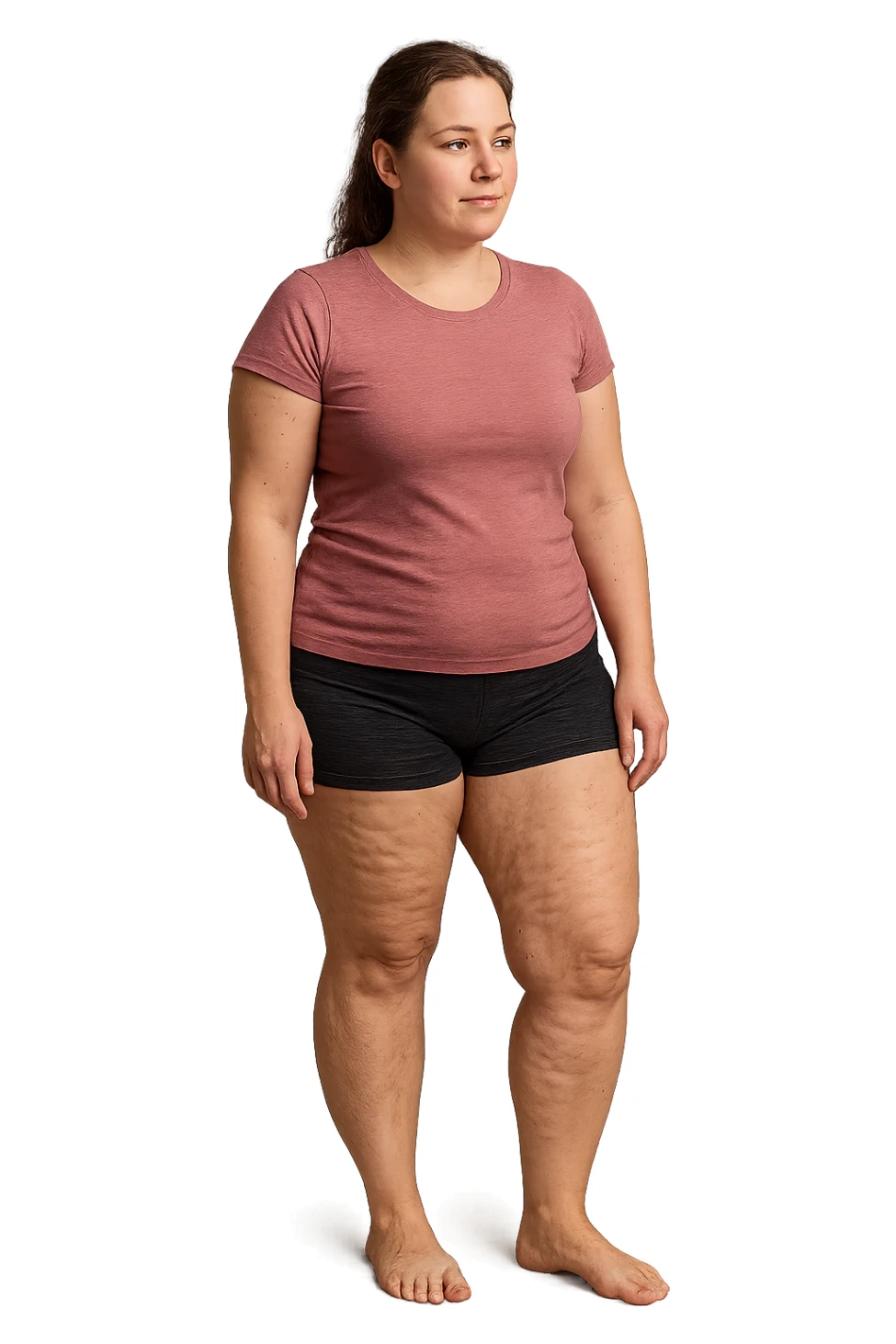donna con inestetismi evidenti cellulite non troppo grassa e giovani sui 30 anni. in pantaloncini sticker