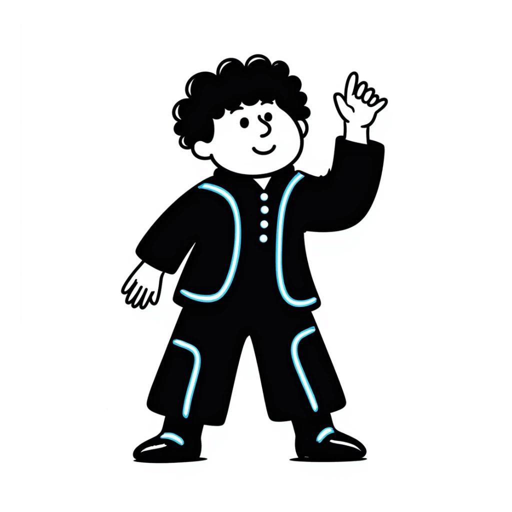 Cabbage Patch Kid in Tron suit with glowing blue lines, 80's retro sci-fi style sticker