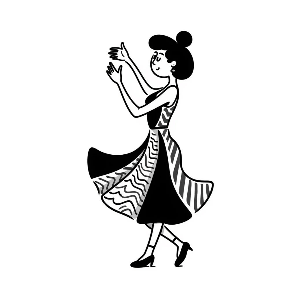 Dancing woman in Colombian salsa pose, vibrant dress, dynamic movement sticker