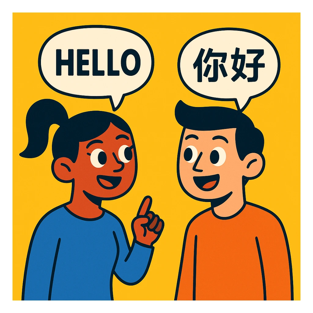 two cartoon people talking, one with English text, one with Chinese text in their speech bubbles sticker