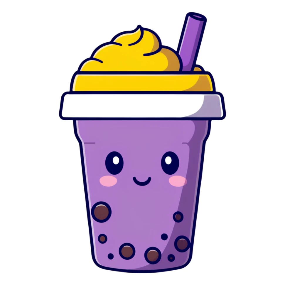 Purple bubble tea cup with a cute face and black tapioca pearls inside sticker