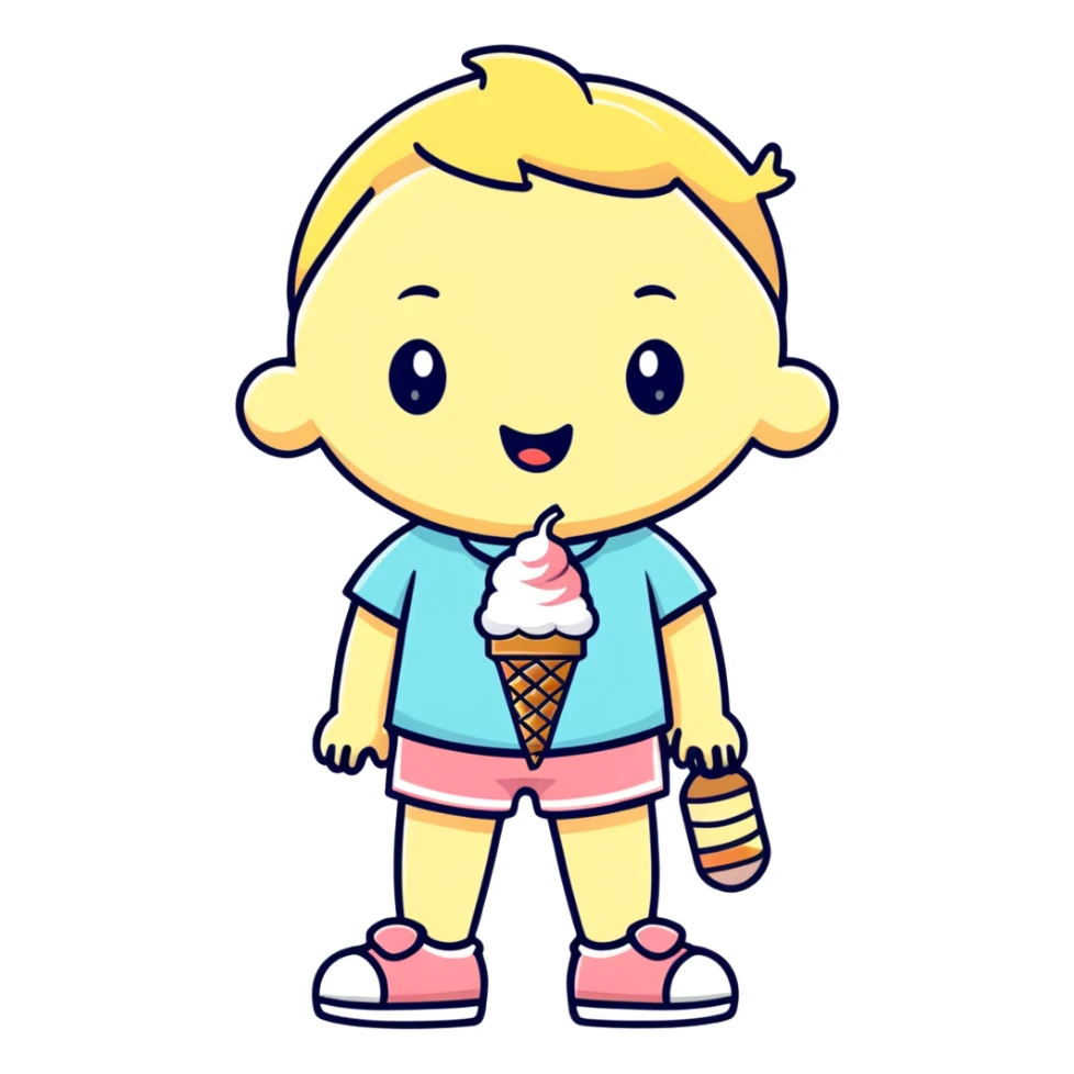 a kid wearing ice cream shorts with a shirt that says 67 sticker