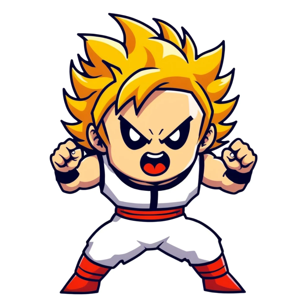 a coughing Super Saiyan stoner in a dynamic pose with spiky golden hair and red eyes, smoke swirling around, smokey background sticker