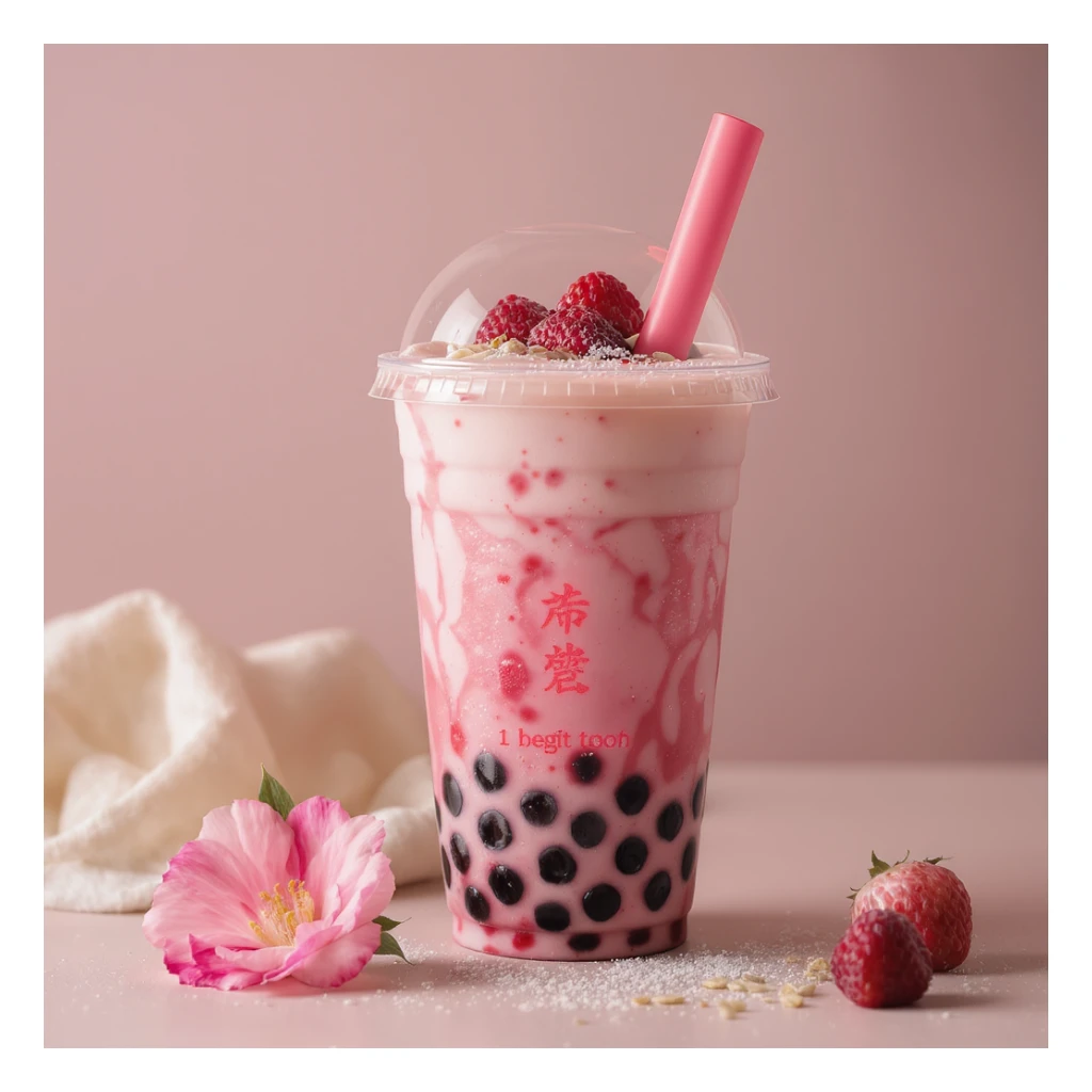 photorealistic elegant pink bubble tea, no background sticker