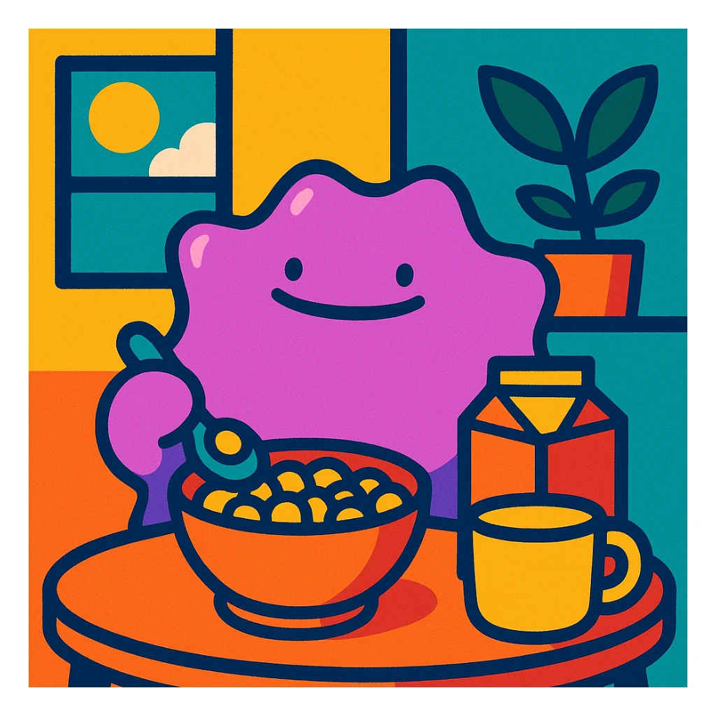 Ditto desayunando, ilustración colorida y simpática sticker