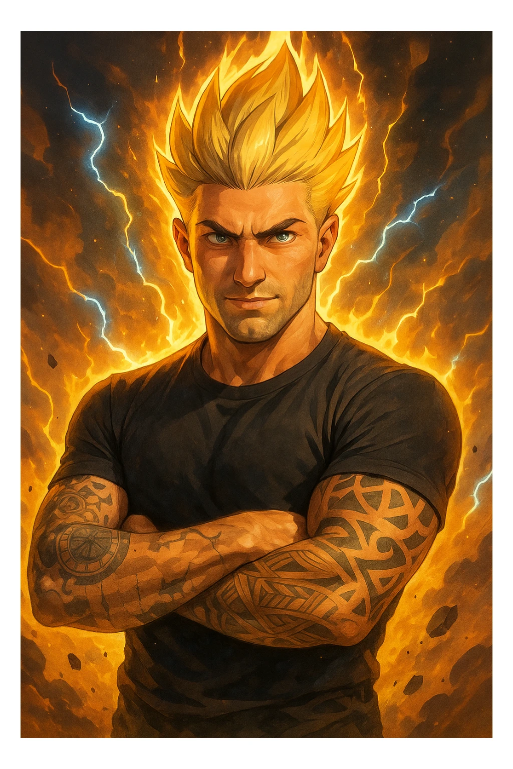 a muscular man with spiky hair stands in a powerful pose, surrounded by a glowing, fiery aura reminiscent of Goku’s Super Saiyan transformation. His eyes are intense and determined, and his body radiates energy and confidence. Lightning bolts and energy waves crackle around him, symbolizing a surge of testosterone and vitality. The background is dramatic, with swirling clouds and vibrant colors. sticker