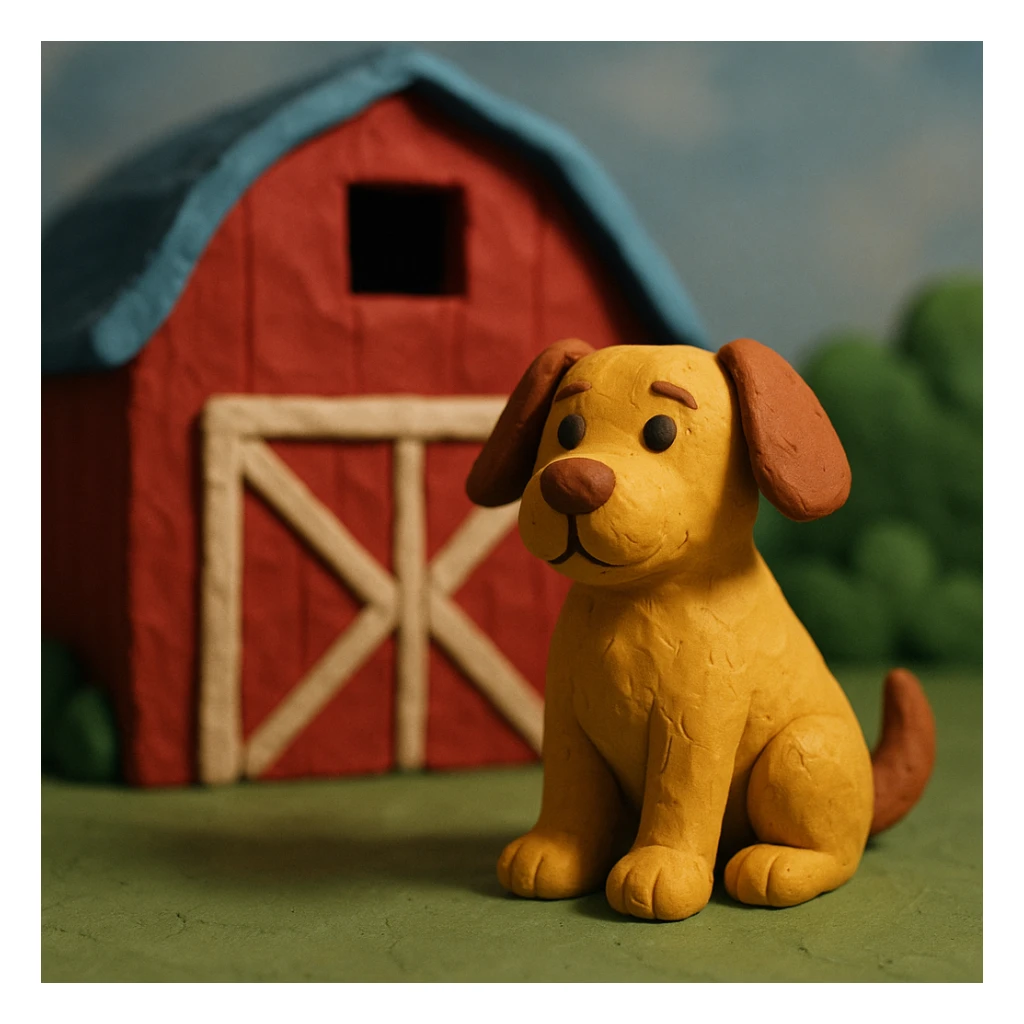 barn dog sitting in front of a red barn, visible fingerprints, matte plasticine look, claymation style sticker