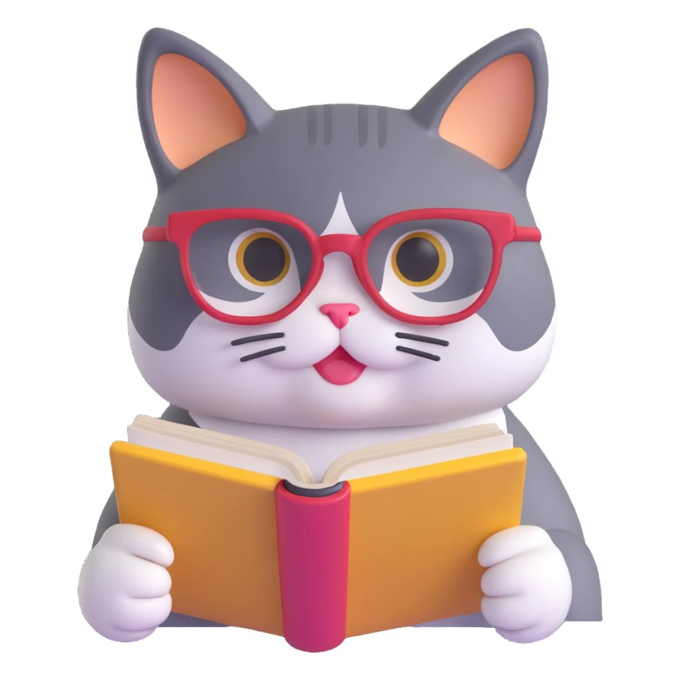 A cat with glasses reading a book, monochromatic colors, sleek design, modern look sticker