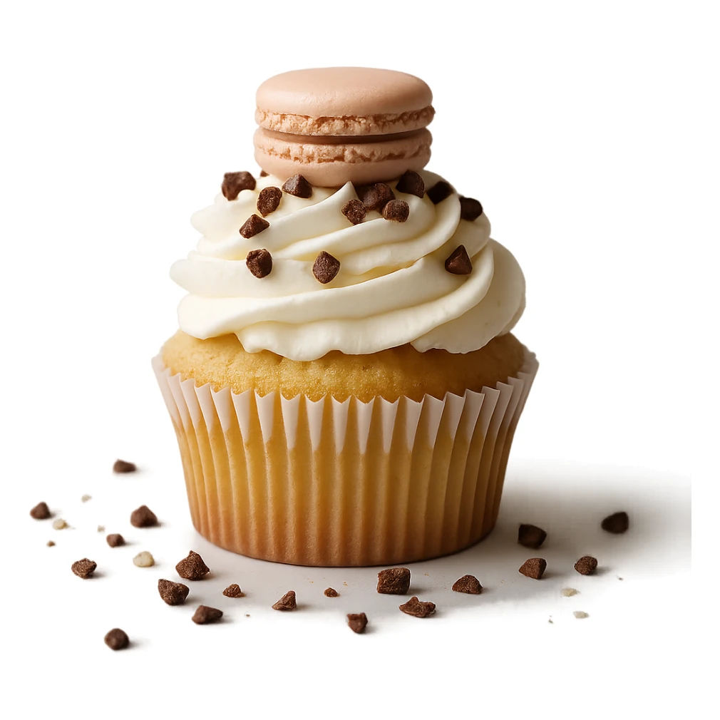 Change the icing to vanilla while keeping the realistic cupcake and accessories in a photorealistic style. Maintain transparent background. The style is photorealistic and realistic cupcake appearance. sticker
