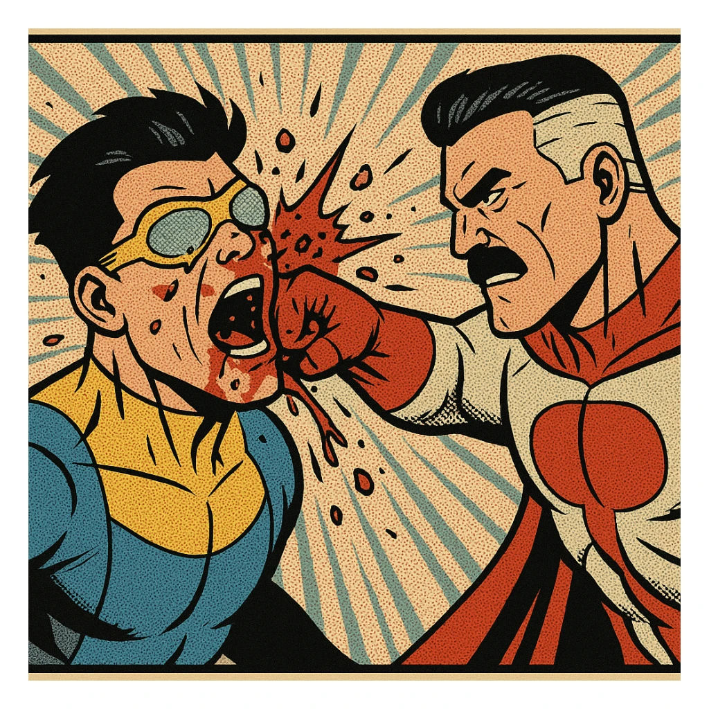 Invincible being punched by Omni-Man, comic book style, slow-motion effect, blood and debris, emotional expressions sticker