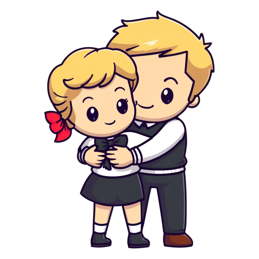Brown hair white girl hugging blonde man with bows sticker