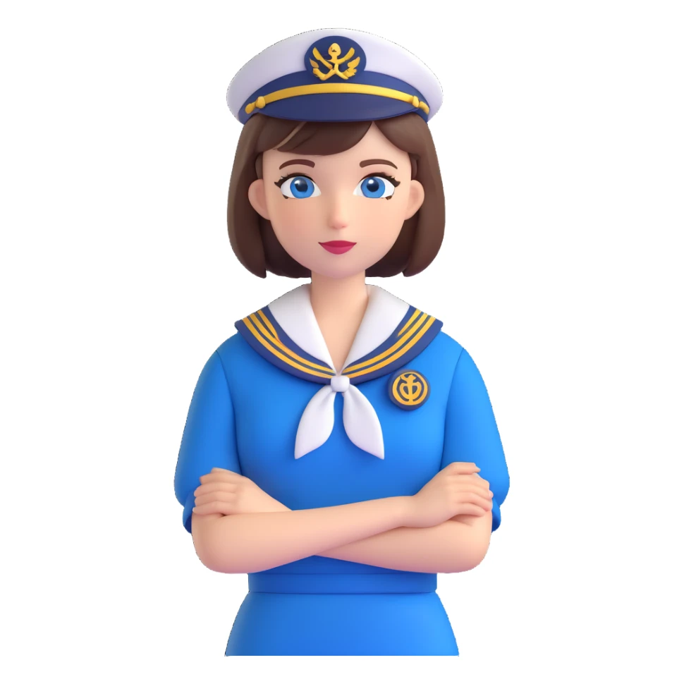 sailor woman, short brown bob, blue eyes, modern uniform, transparent background sticker
