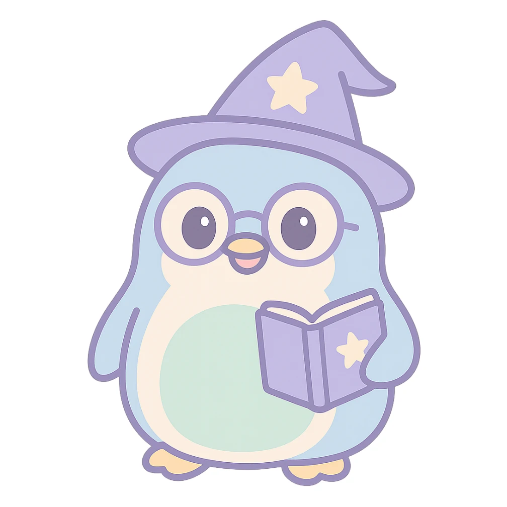 chubby penguin with a wizard hat glasses and a spellbook looking wise and magical sticker