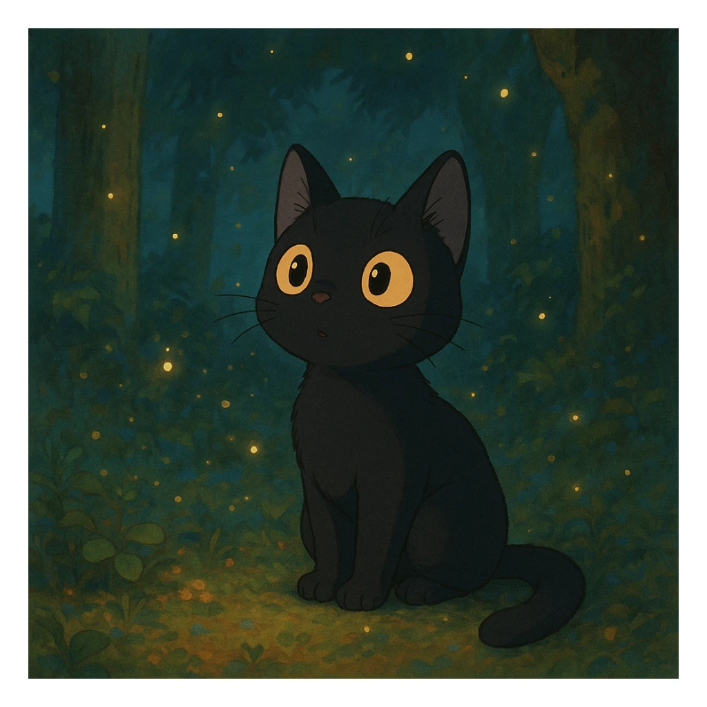 curious cat with big eyes and magical atmosphere in ghibli style sticker