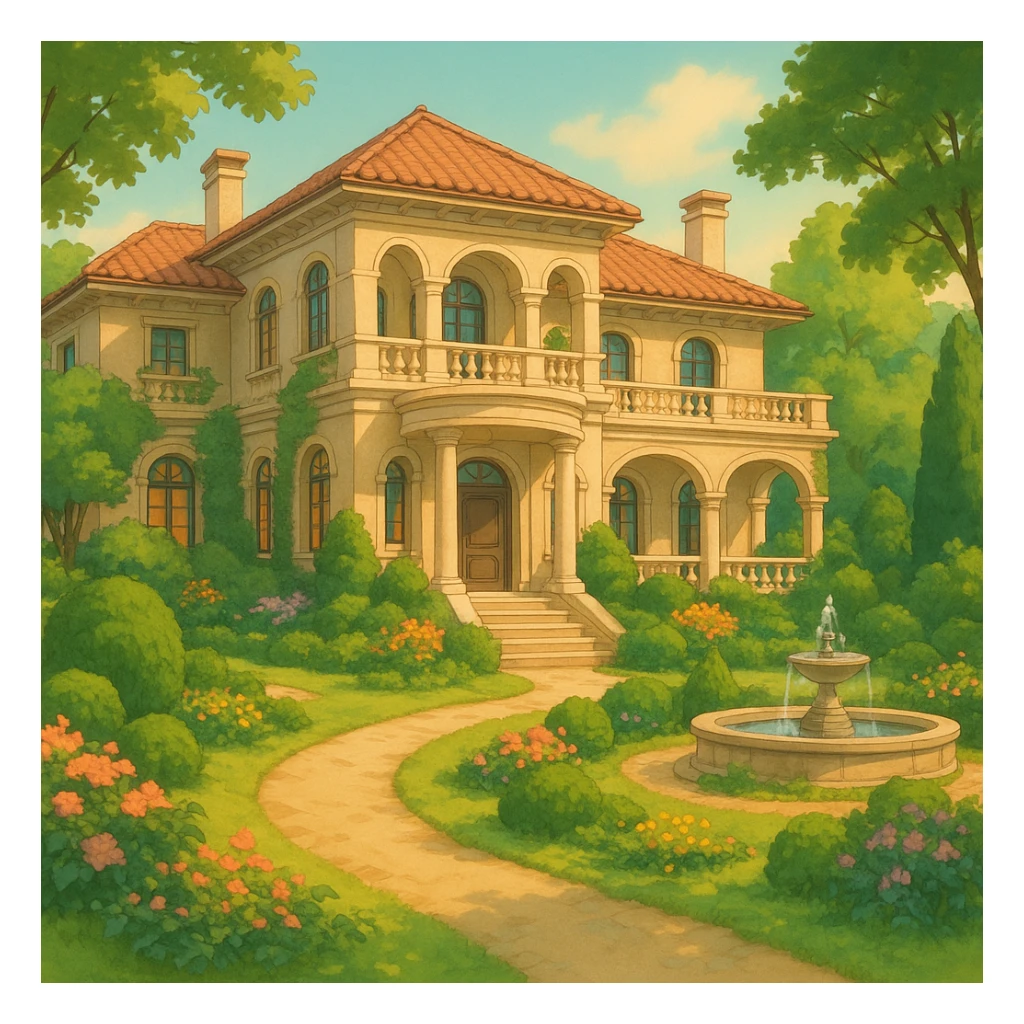 luxury dream house, elegant architecture, lush garden, soft lighting, ghibli style sticker