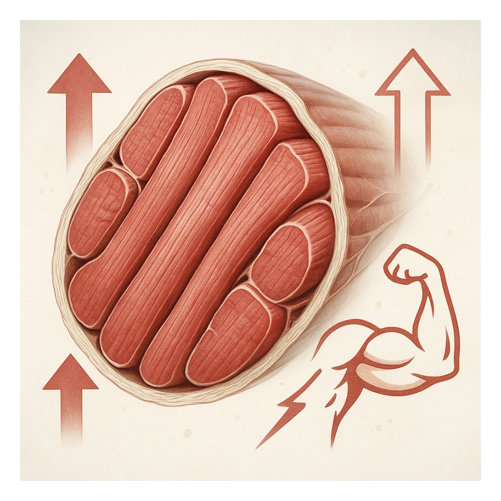 hyper realistic image of muscle section with prevalence of large, thick fast fibers, symbols of strength and hypertrophy like upward arrows and stylized muscles, anatomical details, scientific atmosphere, light background sticker