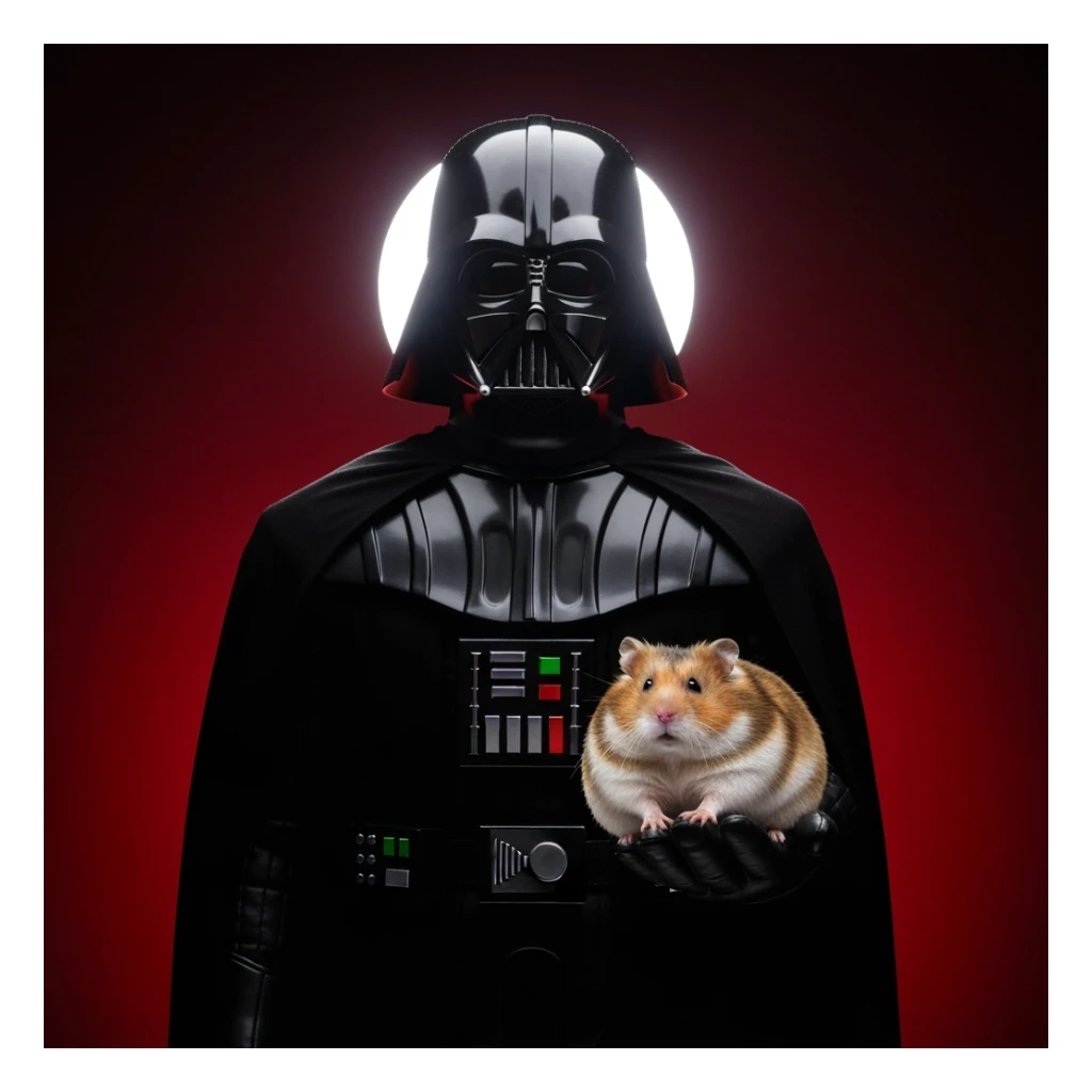 Closeup Photo of a darth vader holding big hamster, low key light, red solid background with leading lines, back light, spot light sticker