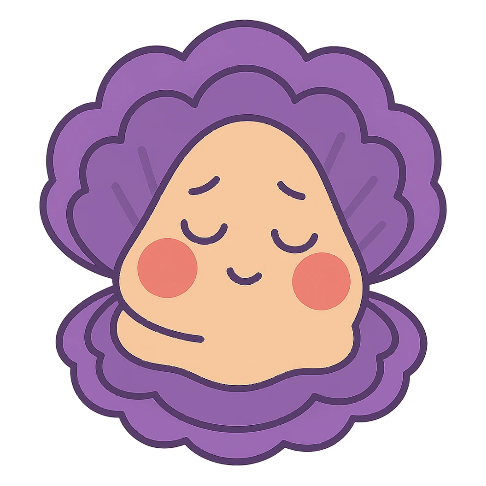 Cute oyster with a shy expression, very red cheeks, looking down, in pastel toon style, transparent background. sticker