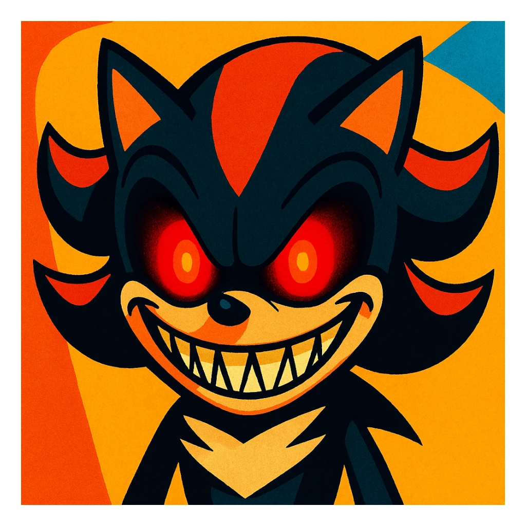 Shadow from Sonic, horror cartoon style, only the face, glowing red eyes, sinister grin, bright and vivid background, not dark sticker