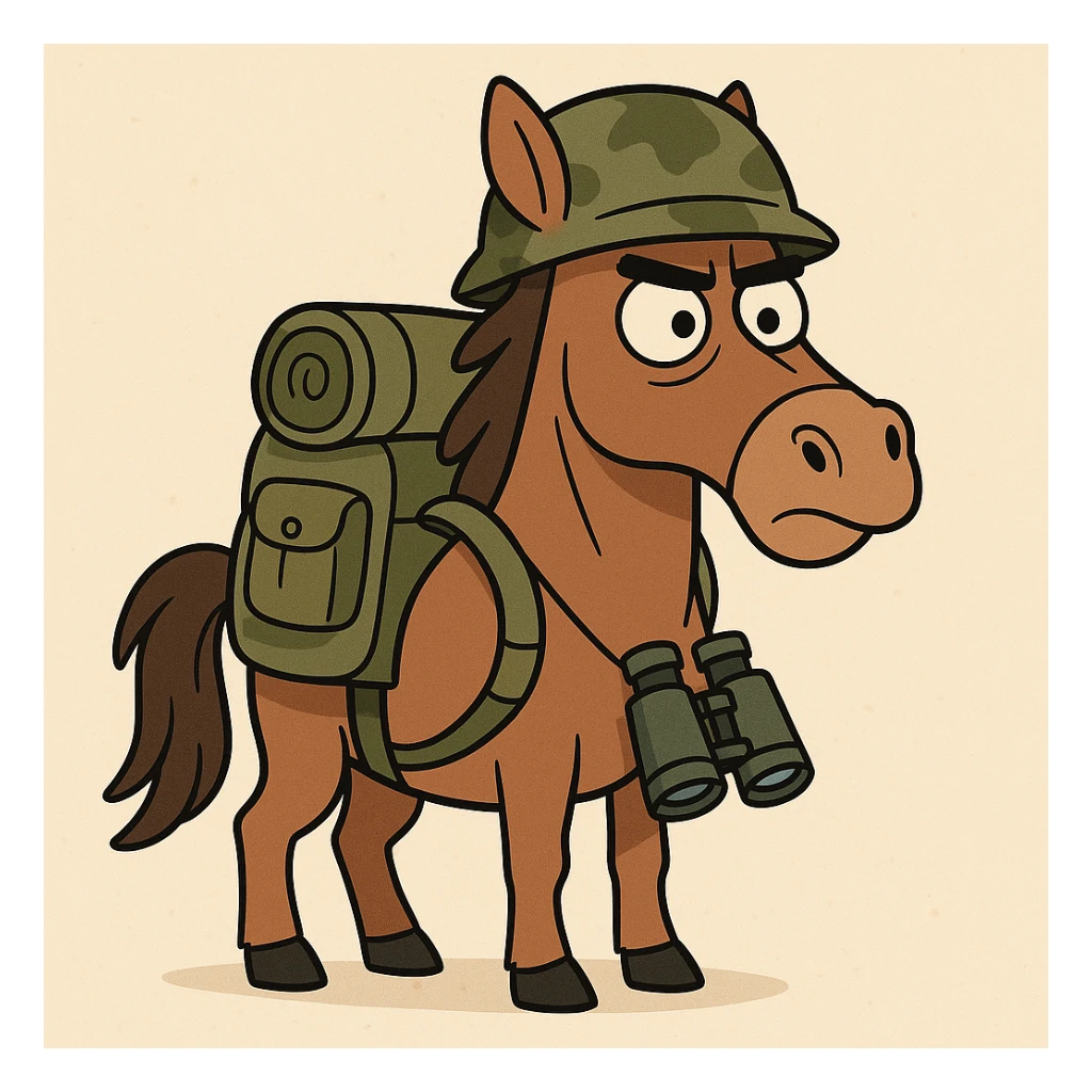 brown horse with an army vibe, cartoon style, carrying a backpack and binoculars sticker