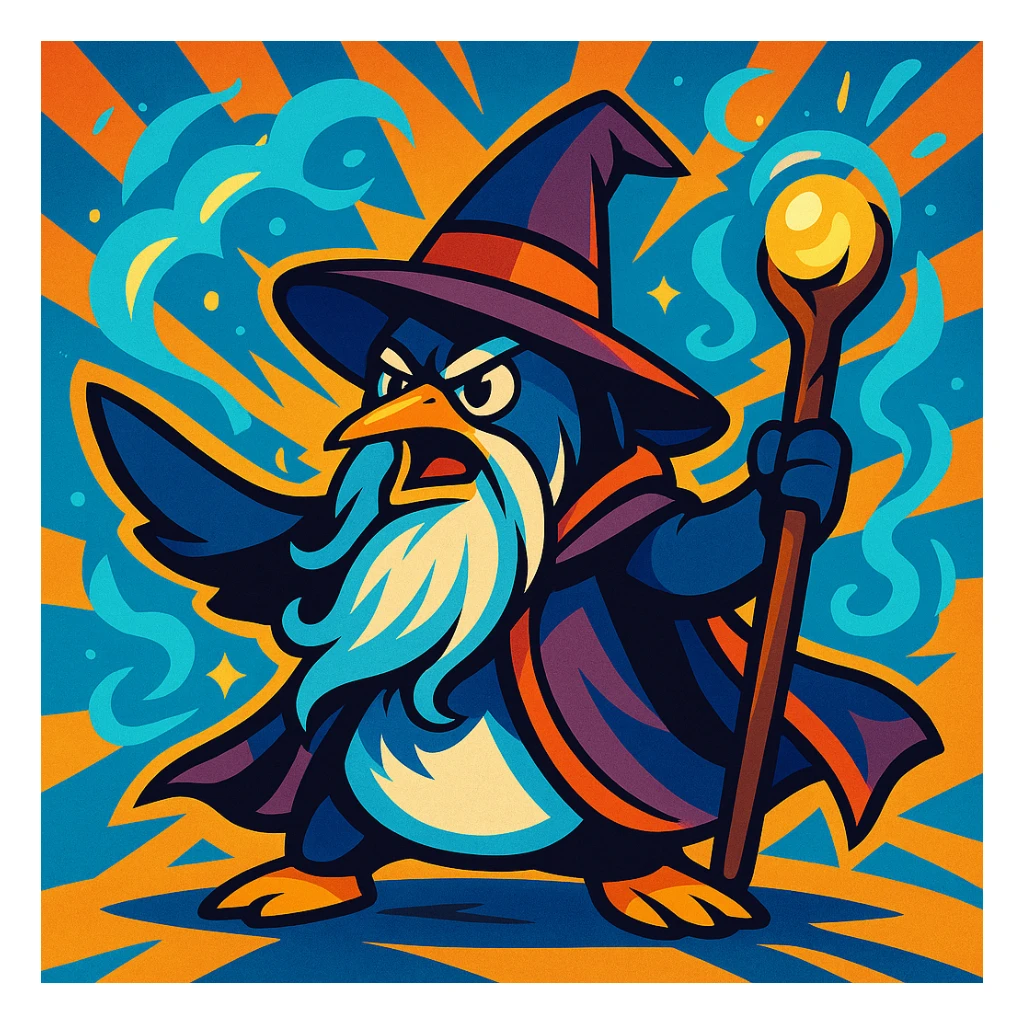 a heroic penguin wizard with a long beard, staff, and magical aura, bold dynamic style, vibrant toon style, powerful and energetic sticker
