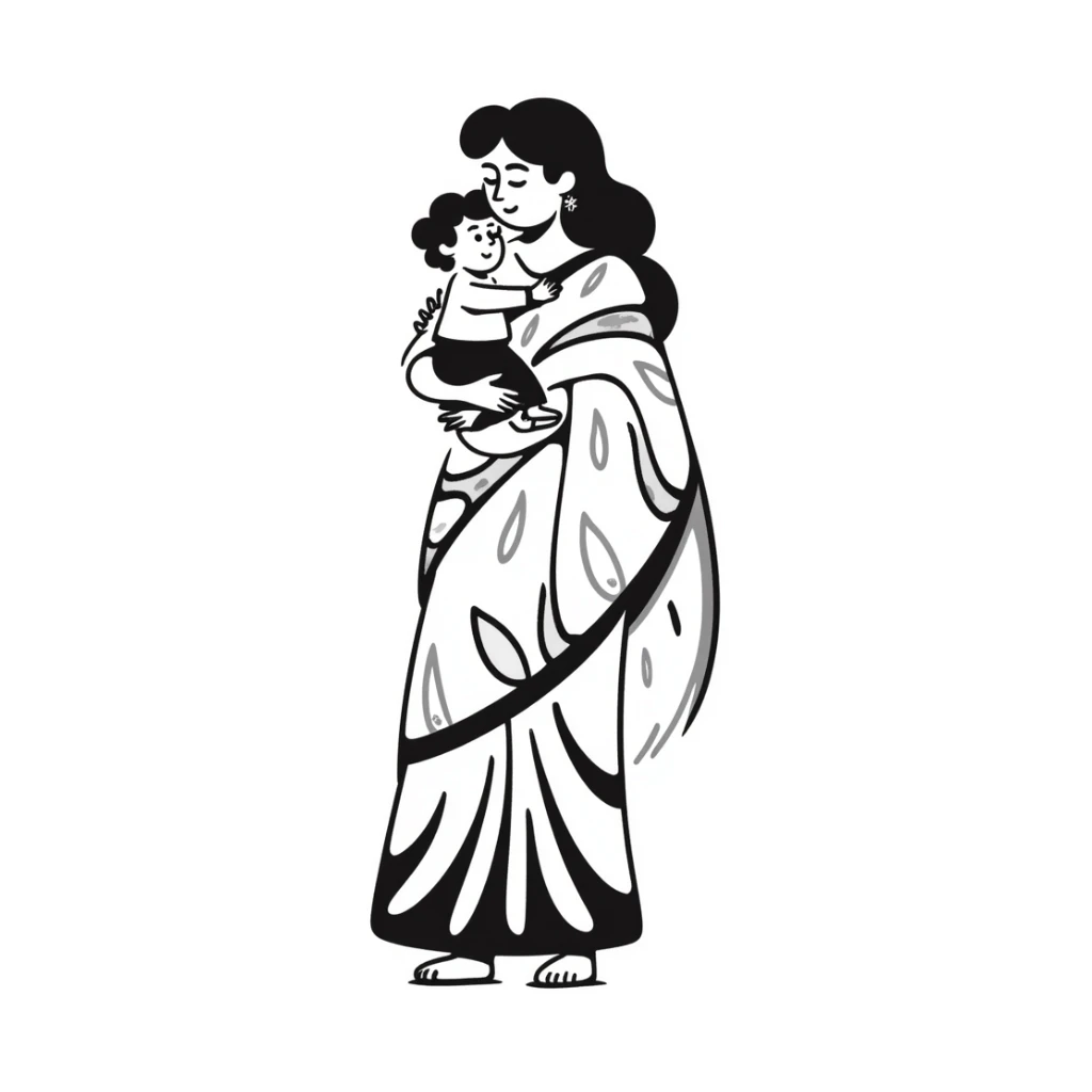 Indian mother in a saree holding a child, hand-drawn doodle style sticker