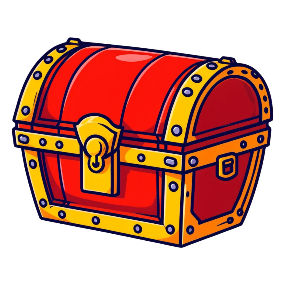 A bright red RPG treasure chest with a golden lock sticker