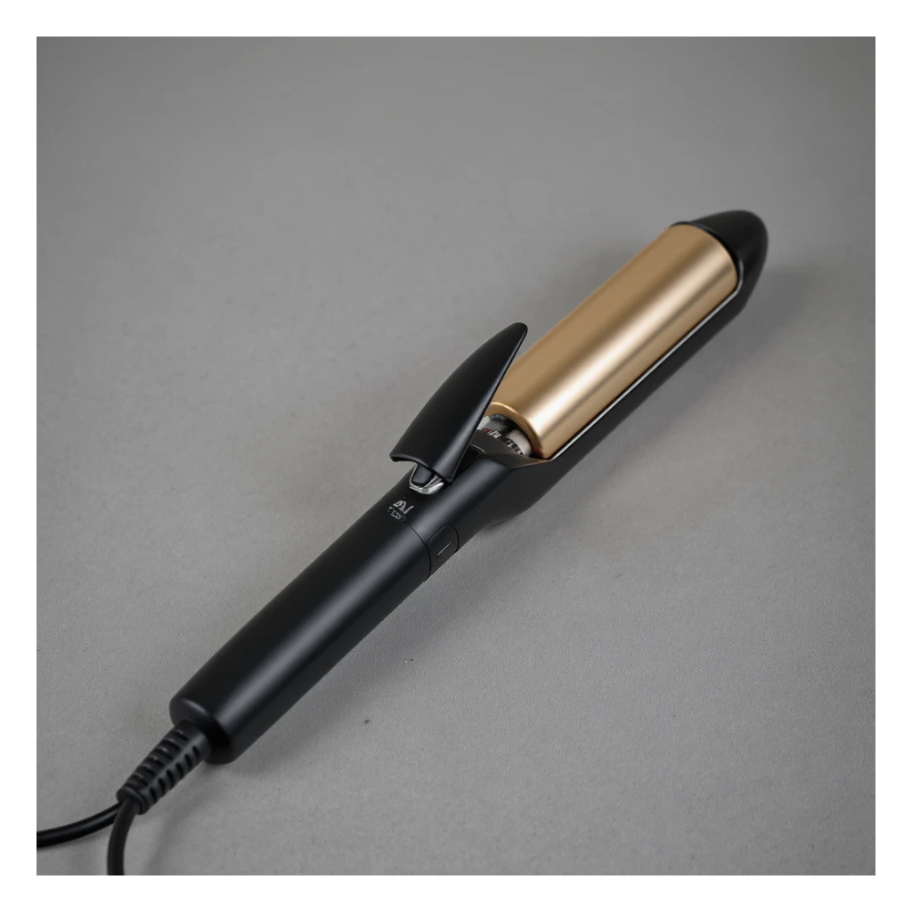 realistic curling iron, slightly open, black base, gold plates, electrical cord sticker