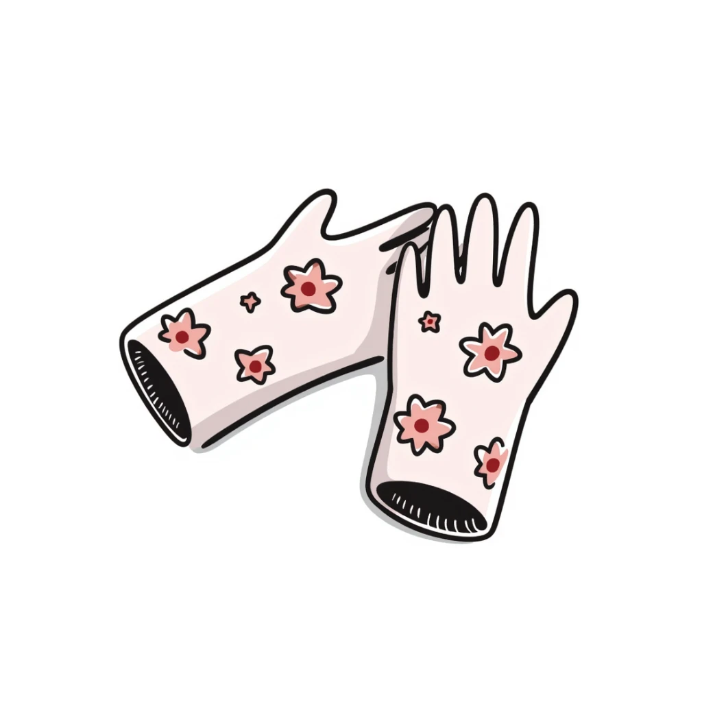 Garden gloves with floral pattern in pastel colors (dd9fb0, ffc6d3, a3bfc9, c4bee2, f1b091), hand-drawn doodle style sticker
