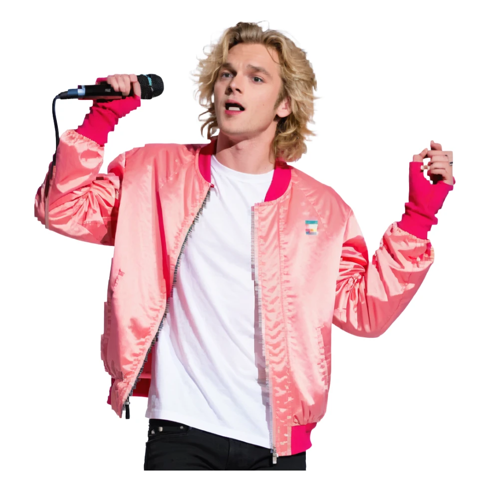 Expressive male performer, Caucasian features, tousled sandy blonde hair, lively eyes, wide cheerful smile, wearing a coral pink jacket over white tee, tossing a microphone in one hand, waist-up, front-facing sticker