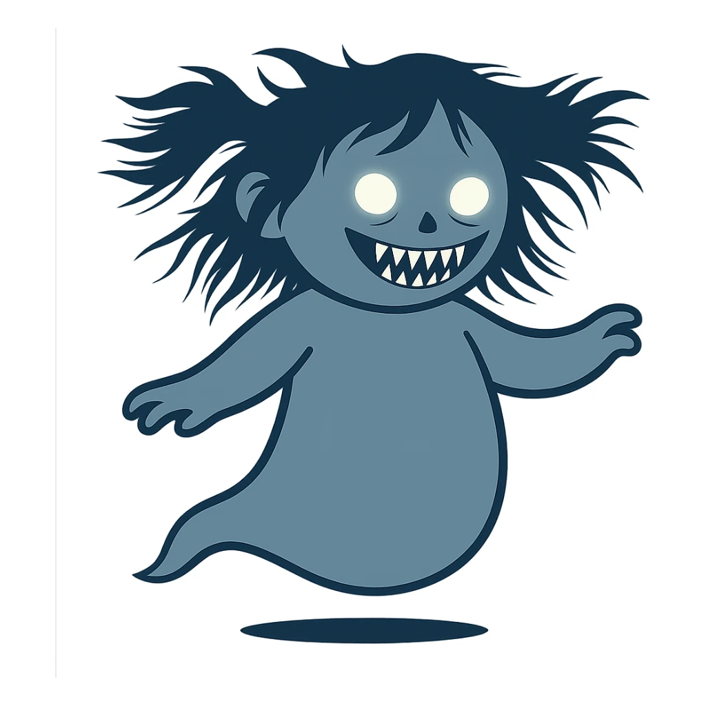 Make the cartoon girl ghost scarier by giving her sharp teeth, wild hair, and eerie glowing eyes. Keep the style consistent and remove the background. sticker