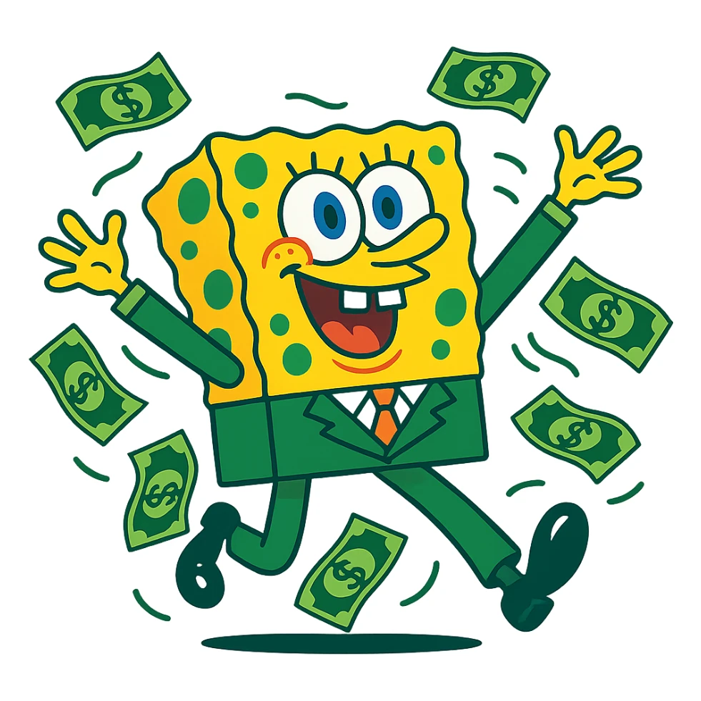SpongeBob-inspired character in a green suit, surrounded by dollar bills, playful cartoon style sticker