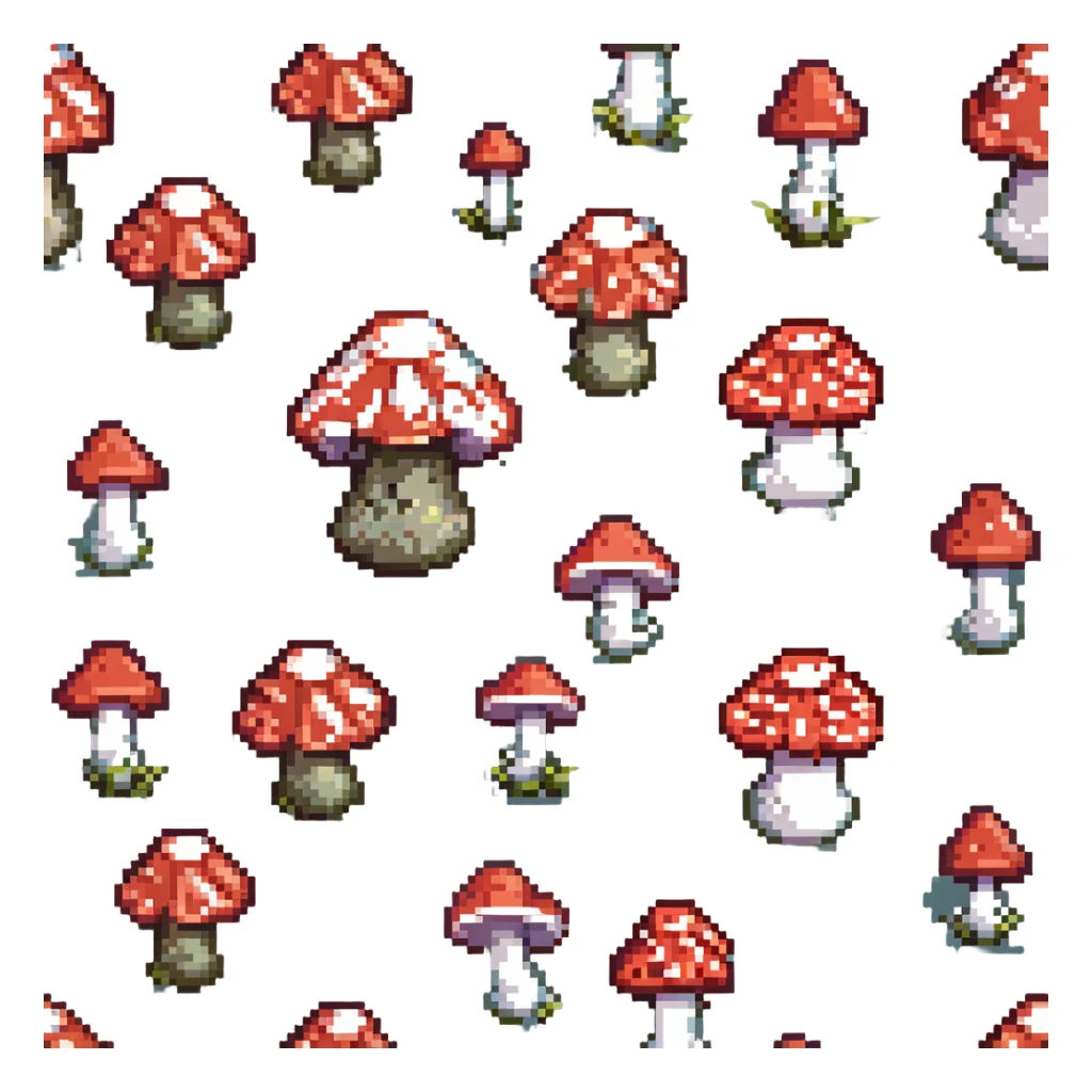 pixel art of a dangerous red-capped mushroom with white spots, classic video game look sticker