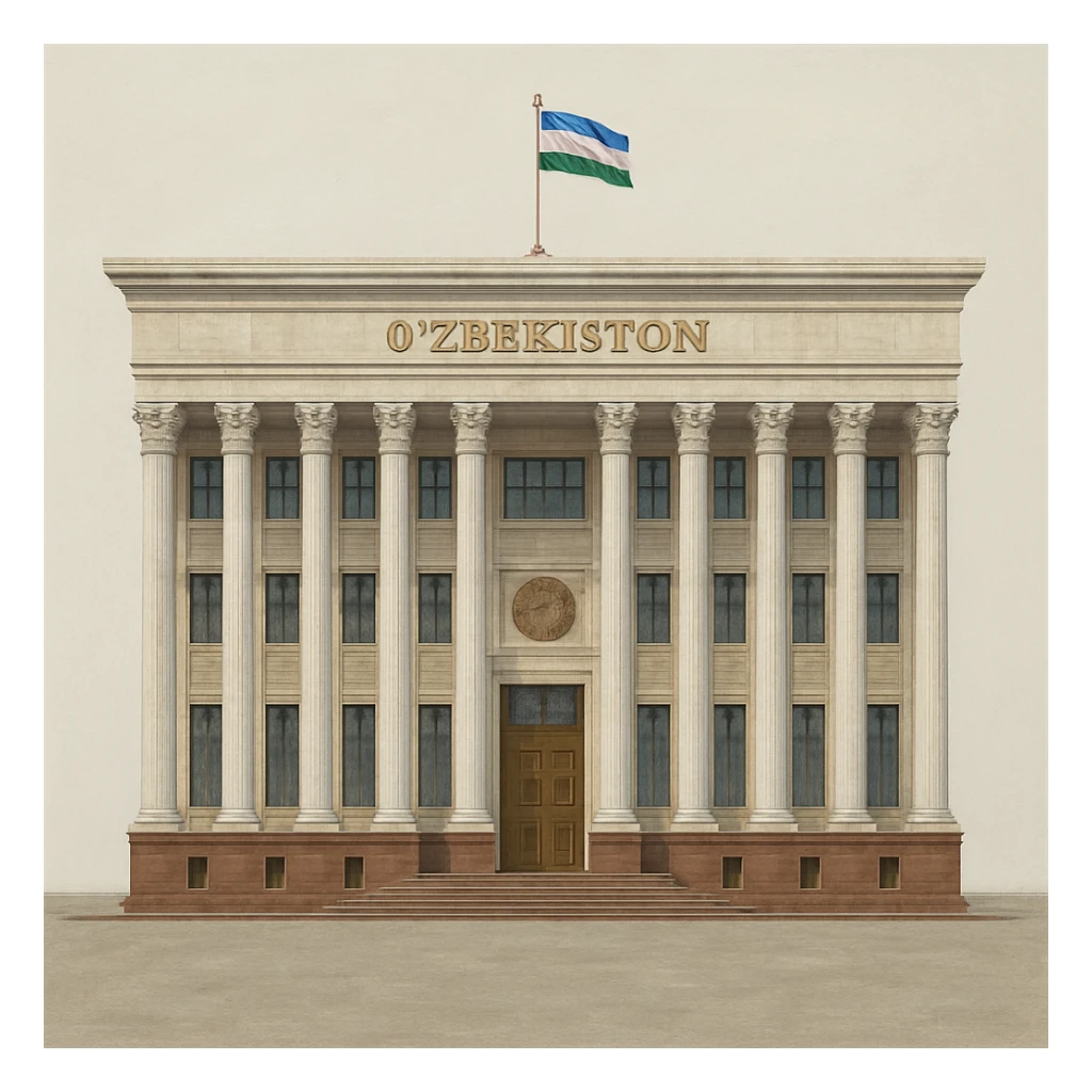«Реалистичная живописная стильная прорисовка. Здание правительства узбекистана строго в анфас, прямо спереди, без наклона и без перспективы. Покажи ВСЁ здание целиком — сверху донизу и слева направо — с большим свободным полем вокруг, чтобы НИЧЕГО не обрезалось. На крыше должен быть флаг Узбекистана. Никаких деревьев, людей, фонтанов, автомобилей, тени от объектов и окружающей среды. Только полностью целое здание на однотонном чистом фоне (белом или светло-сером). Обязательно: “НЕ кадрировать, НЕ обрезать, оставить запас места вокруг здания». sticker