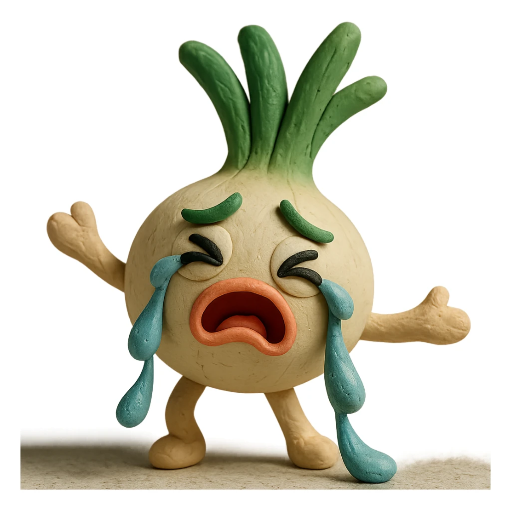 pastel kawaii claymation green onion character, round white body, large expressive eyes, green leafy hair, humorous crying face with dramatic onion juice tears, silly expressive pose, visible clay fingerprints, high quality lighting, transparent background sticker
