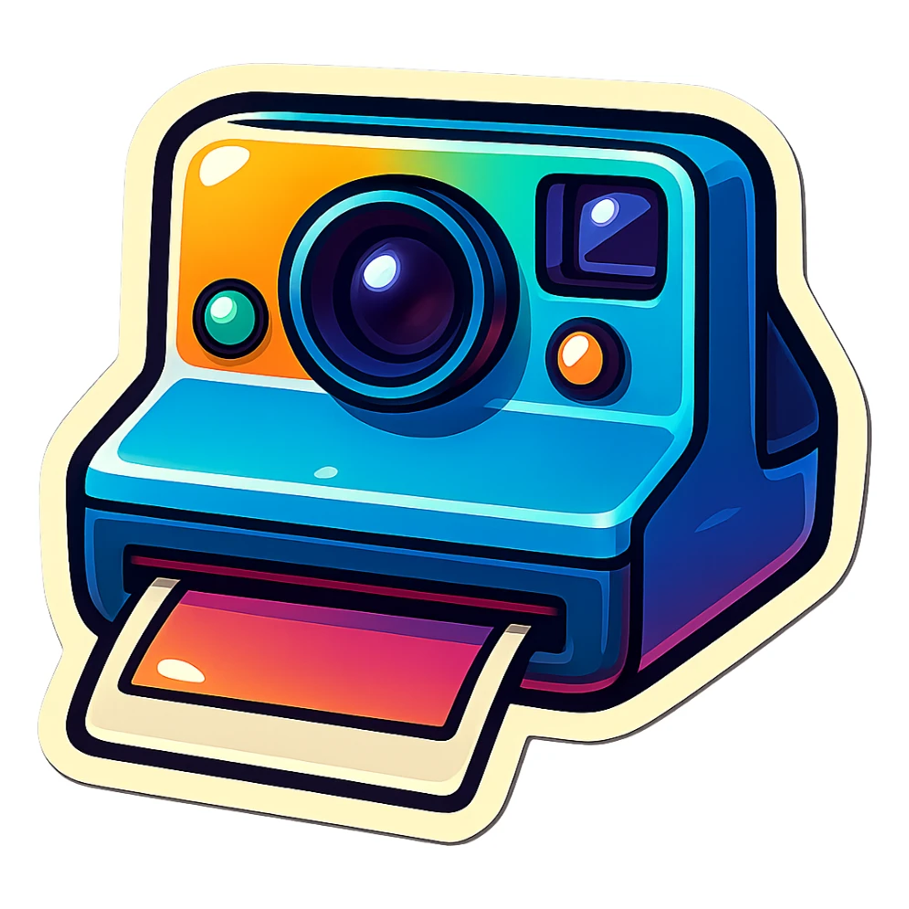 instant camera, retro sticker style, bold outlines, colorful and playful, vintage vibe sticker
