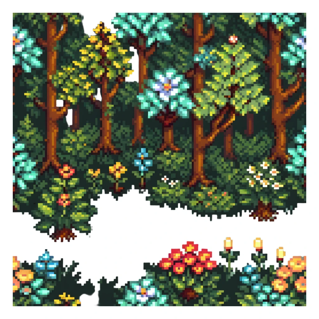 springtime forest with blooming flowers and green foliage in pixel art style sticker