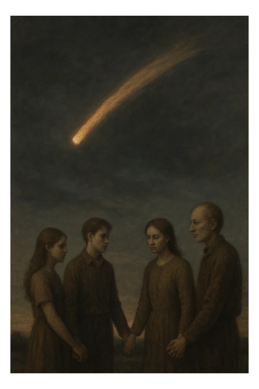 A small group of people holding hands, watching a comet or meteor in the sky, their faces serene but tinged with melancholy, soft tones, end-of-the-world atmosphere. sticker