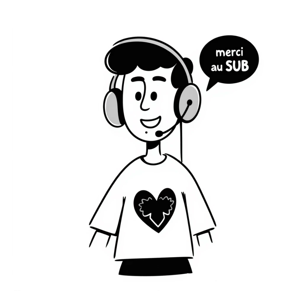 A smiling person with black hair, brown eyes, and a black beard wearing a gaming headset saying "merci au SUB" sticker