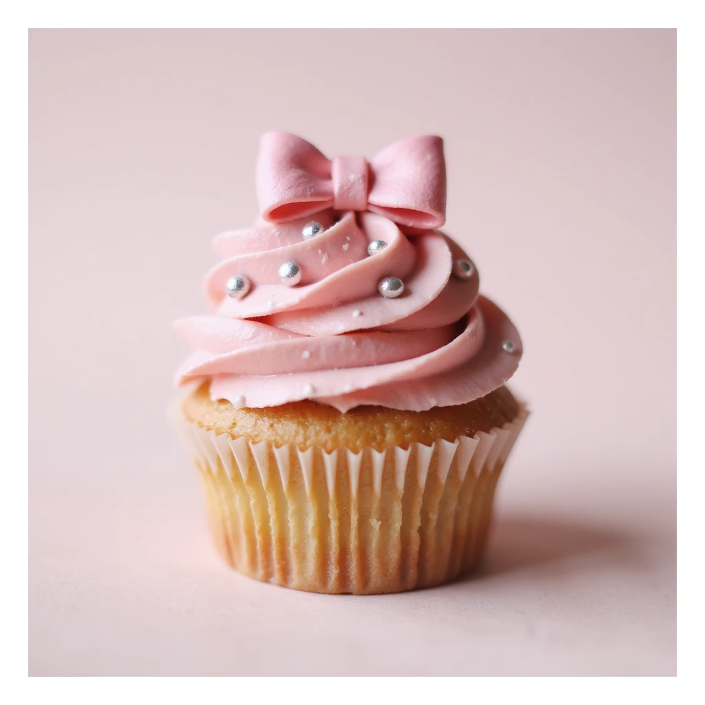 realistic cupcake with pink icing, photorealistic style, with a tiny fondant bow and silver dragees as accessories sticker
