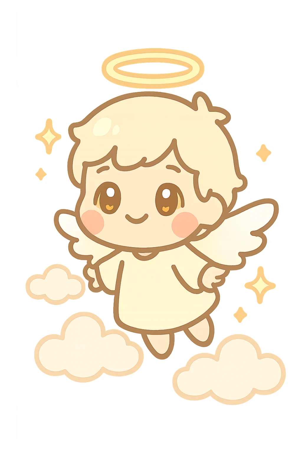 chibi angel with soft glowing halo, small white wings, gold eyes, blushing cheeks, pastel white and gold, floating, dreamy, sparkles, clouds, kawaii celestial sticker sticker