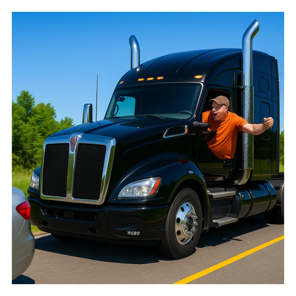 A black 2026 Kenworth W680 semi sleeper truck with chrome stack, following a car in front on a bright and vibrant clear road. The truck driver is angry, bald, wearing an orange shirt and a baseball cap, with arm out the window. Both vehicles visible in an energetic and lively road scene. sticker