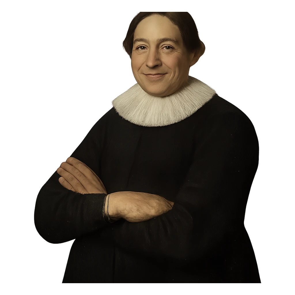 сгенерируй изображение в таком же стиле как на референсе, чтобы мужчина с референса стоял со сложенными руками, смотрел на нас и улыбался. фон прозрачный sticker