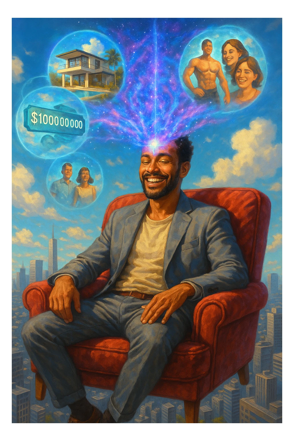 Un uomo sorridente e radioso, in abito elegante ma rilassato, seduto su una poltrona di velluto rosso fluttuante nel cielo sopra una città moderna. Dal suo terzo occhio (sulla fronte) si sprigiona un ologramma cosmico che mostra le sue visualizzazioni: una villa sul mare, un conto bancario con cifre infinite, un corpo atletico e persone felici intorno a lui sticker