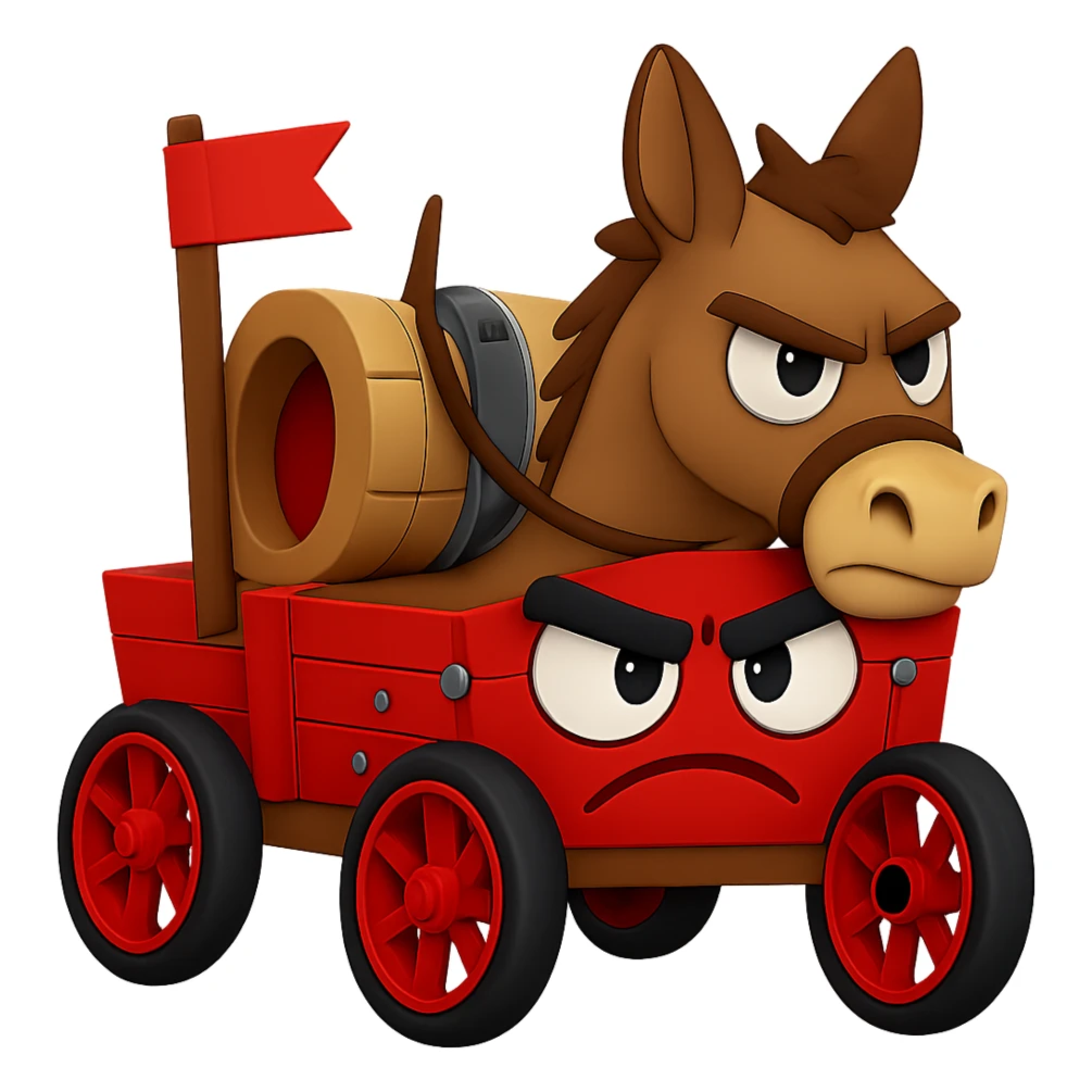Remove any background so the emoji is fully transparent behind the angry donkey and wagon. Preserve the silly 'jackwagon' vibe in the style of the original image. sticker