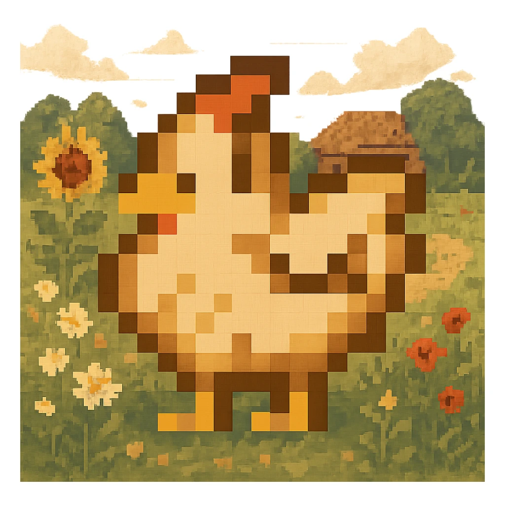 Using a transparent background, re-imagine this pixelated chicken in a cottage core setting sticker