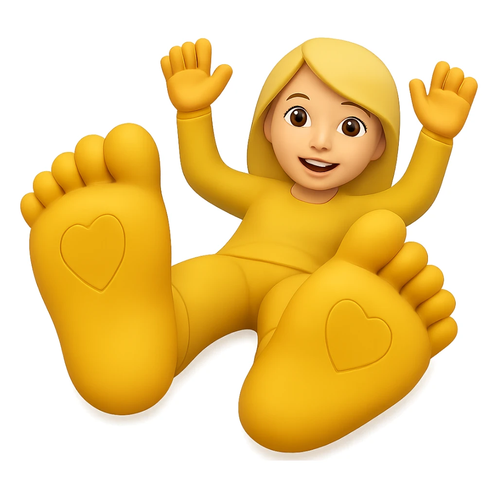 Make the emoji's feet much bigger, lying down with feet visible. Remove the background. The emoji style should be preserved as in the original image. sticker