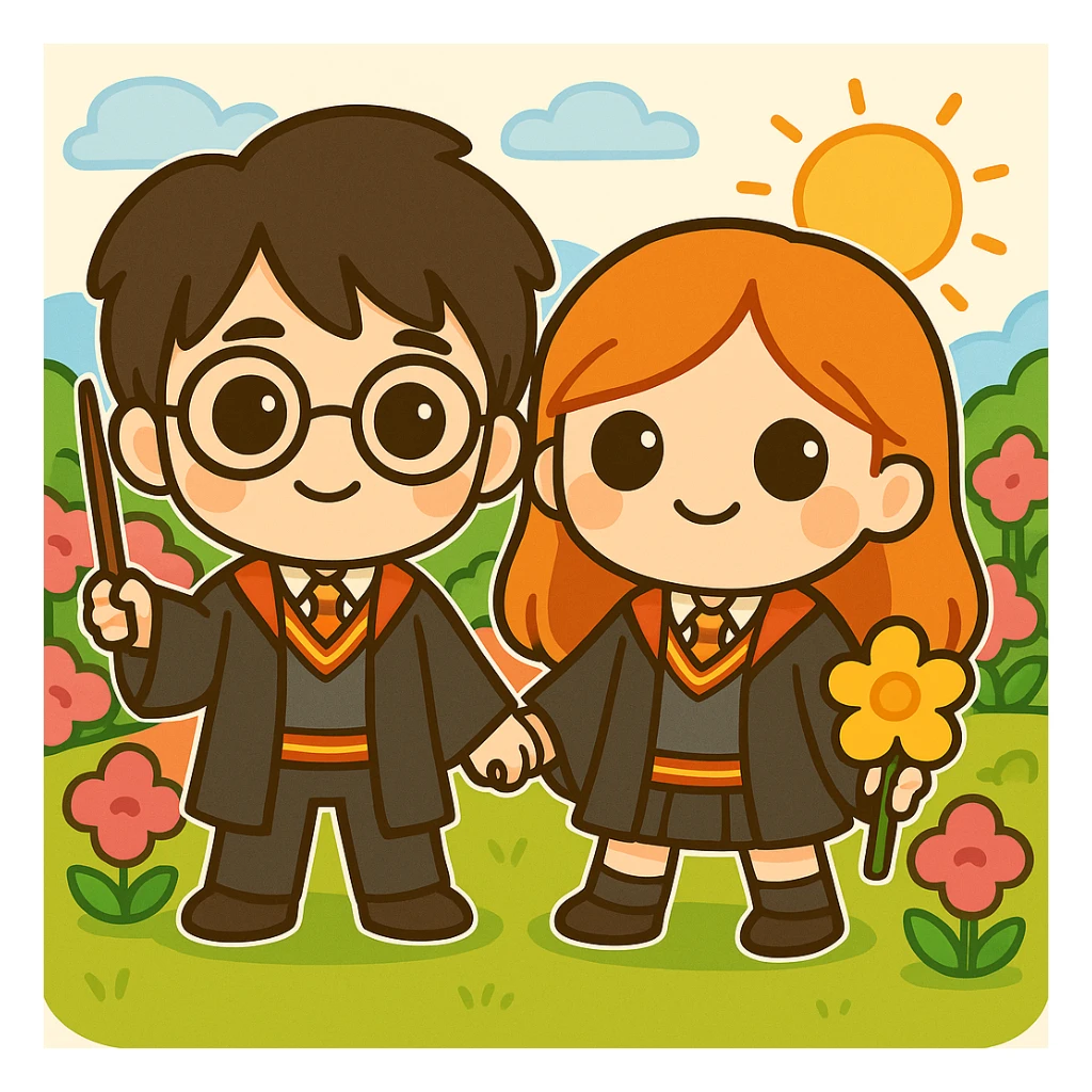 Create an image of Harry Potter and Gina Weasley in chibi style, based on the reference images. Place them in a colorful scenario with simple line art and vibrant background colors, maintaining the chibi stickers style's playful and cute aesthetic. sticker
