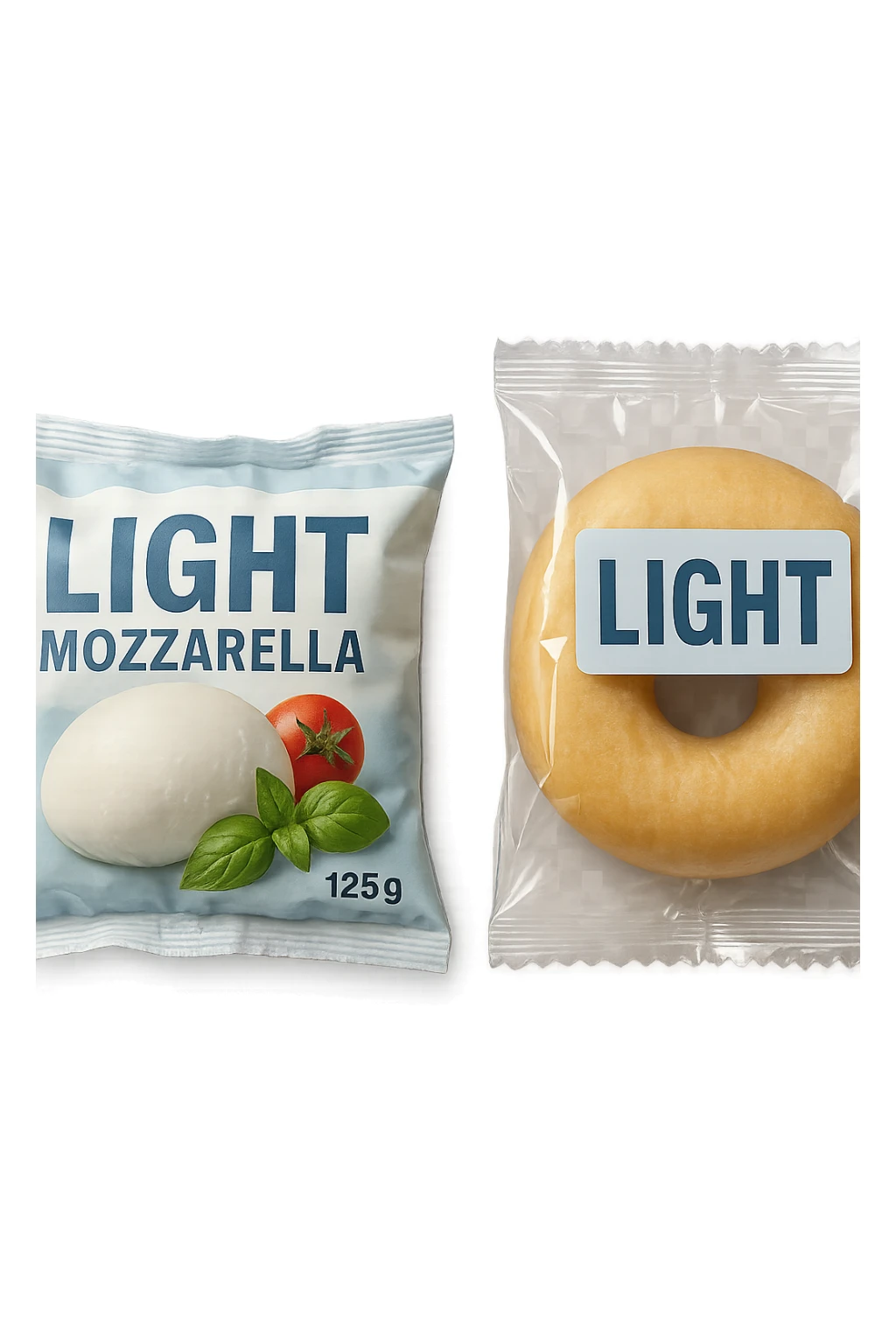 PACCHTTO DI MOZZARELLA LIGHT CON LA SCRITTA "LIGHT" SULLA CONFEZIONE, ACCANTO AD UN DONUT CONFEZIONATO CON LA SCRITTA "LIGHT" SULL'ETICHETTA,  iperrealistico 4k sticker
