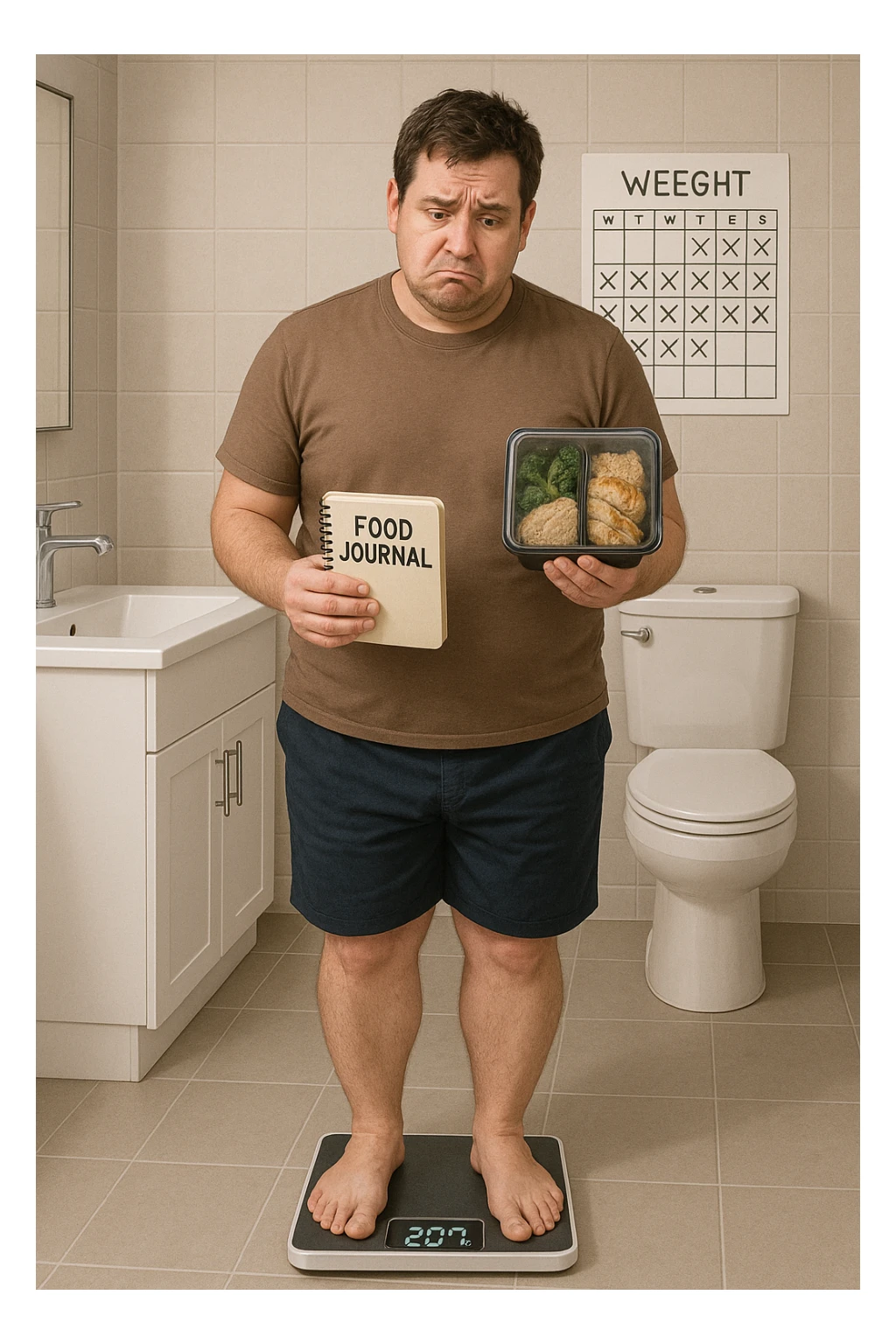 Man in his 30s standing on a bathroom scale, looking disappointed and confused. He holds a food journal and a meal prep container, clearly following a diet. Behind him, a calendar marked with weeks of effort. His body looks the same as before — no visible change. Expression: frustration, lack of motivation. Clean, modern bathroom setting with neutral tones. Digital scale showing the same number as before. Subtle emotional tone: discouragement sticker